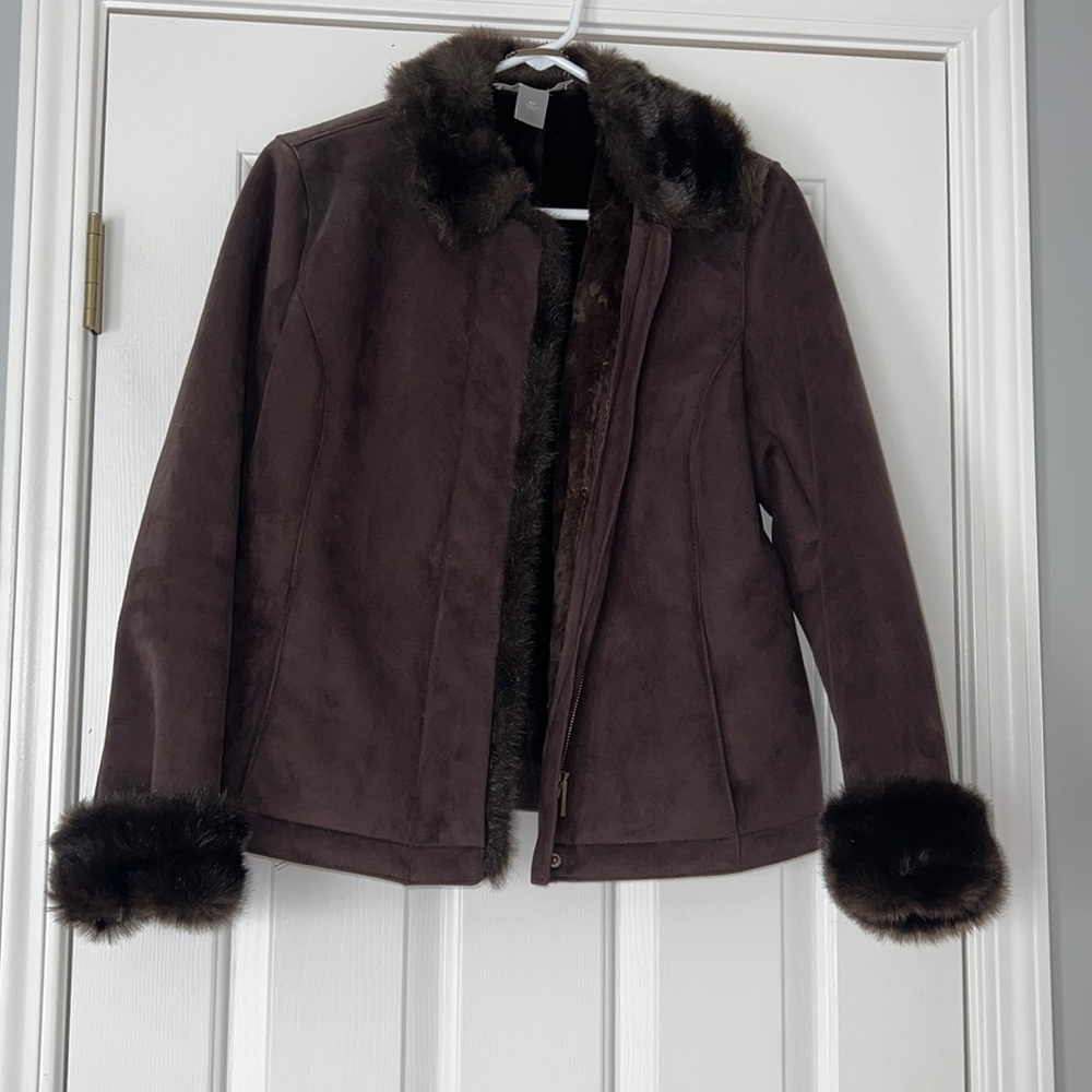 Women’s Ann Taylor Chocolate Brown Suede Jacket with Faux Fur Size M Petite